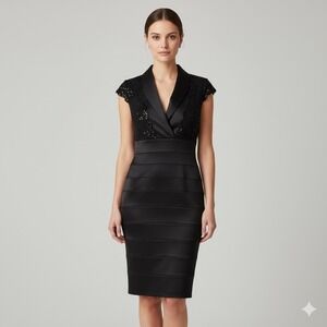 NEW Tadashi Shoji‎ Dress 8 Black Knee Length Lace Bead Shift Cocktail Wedding